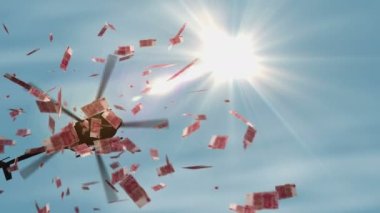 Chinese yuan Renminbi banknotes helicopter money dropping. China 100 RMB notes abstract 3d concept of inflation, money printing, finance, economy, crisis and quantitative easing.