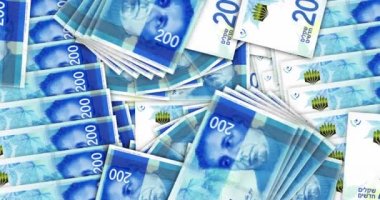 Israeli shekel banknotes in a cash fan mosaic pattern loop. Israel 200 NIS notes. Abstract concept of bank, finance, economy seamless and looped decorative design background.