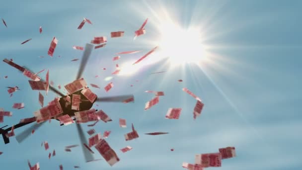 中国元人民元紙幣ヘリコプターのお金をドロップします 中国100元は インフレ お金の印刷 危機と量的緩和の抽象的な3D概念に注意してください — ストック動画