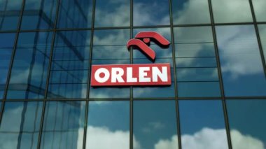 Plock, Poland, January 5, 2023: PKN Orlen headquarters glass building concept. Polish petrol oil gas and energy company symbol on front facade 3d animation.