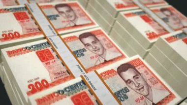 Cuba money Cuban Peso money pack loop 3d animation. Loopable seamless concept of finance, cash, economy, business and bank. Camera moving over the 200 CUP banknote bundle stacks.
