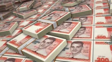 Cuba money Cuban Peso banknote bundle loop. 200 CUP money stacks. Concept of business, economy, banking and finance. Camera over cash packs. Loopable seamless 3d animation.