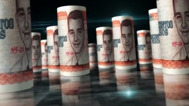 Cuba money Cuban Peso rolls loop 3d animation. Money on the table. Seamless and loopable abstract concept of economy, finance, business and recession. Camera between CUP rolled banknotes.