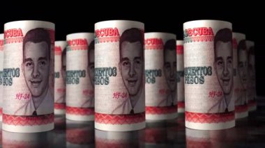 Cuba money Cuban Peso money rolls loop 3d animation. Camera moving in front of the CUP rolling banknotes. Seamless loopable concept of economy, finance, business and debt.