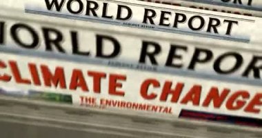 Climate change, environmental crisis and global warming daily news newspaper printing. Abstract concept retro headlines 3d seamless looped.