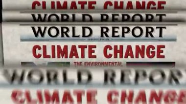 Climate change, environmental crisis and global warming vintage news and newspaper printing. Abstract concept retro headlines 3d.