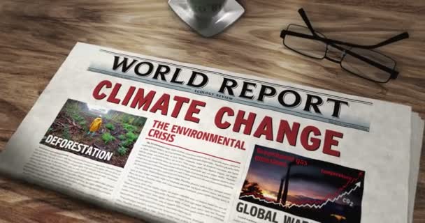 Climate Change Environmental Crisis Global Warming Daily Newspaper Table Headlines — Stock video