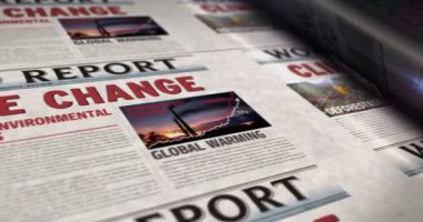 Climate change, environmental crisis and global warming daily news newspaper roll printing. Abstract concept retro headlines 3d seamless looped.