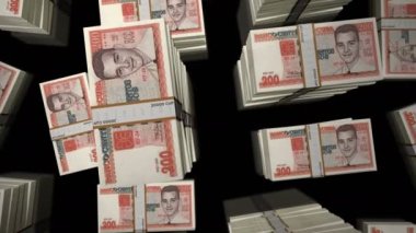 Cuba money Cuban Peso money pack loop. Flight over CUP banknotes stacks top view. 3d loopable seamless animation. Abstract background concept of economy, crisis, business and finance.