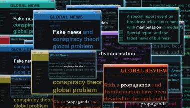 Fake news propaganda conspiracy theories disinformation manipulation. Headline news titles international media abstract concept  3d illustration. clipart