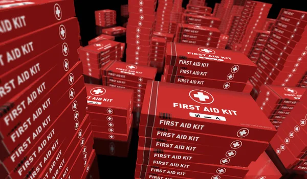 First Aid Kit and emergency box production line. Medical emergency rescue help pack factory. Abstract concept 3d rendering illustration.