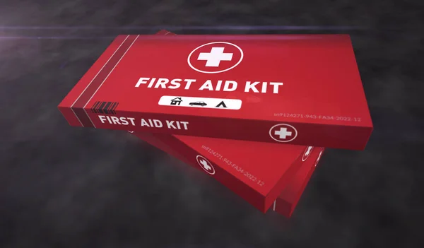 First Aid Kit and emergency box production line. Medical emergency rescue help pack factory. Abstract concept 3d rendering illustration.
