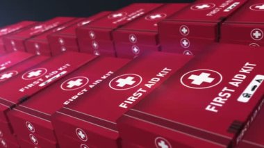 First Aid Kit and emergency box production line. Medical emergency rescue help pack factory. Abstract concept 3d rendering loopable seamless animation.