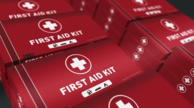 First Aid Kit and emergency box production line. Medical emergency rescue help pack factory. Abstract concept 3d rendering loopable seamless animation.
