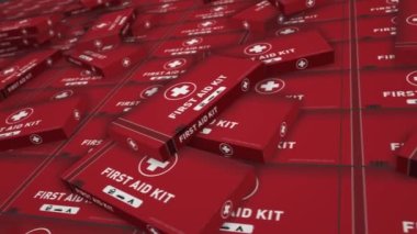 First Aid Kit and emergency box production line. Medical emergency rescue help pack factory. Abstract concept 3d rendering loopable seamless animation.