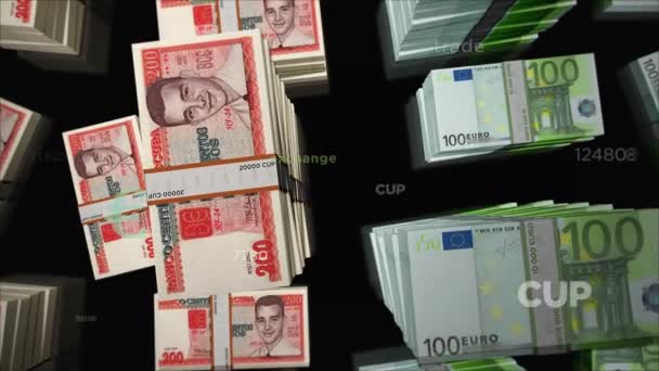 ユーロとキューバペソの両替 紙幣パックバンドル 銀行と金融の概念 ノートループ可能なシームレス3Dアニメーション — ストック動画