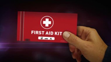 First Aid Kit and emergency box in hand. Medical emergency rescue help pack. Abstract concept 3d.