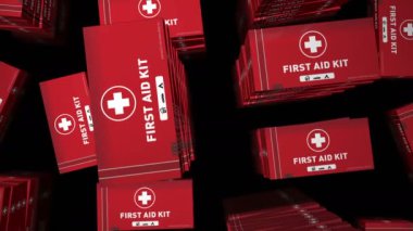 First Aid Kit and emergency box production. Medical emergency rescue help pack production. Abstract concept 3d rendering loopable seamless animation.