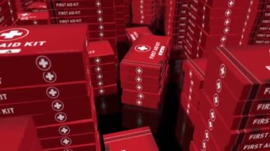 First Aid Kit and emergency box. Medical emergency rescue help pack factory. Abstract concept 3d rendering loopable seamless animation. Camera flying between stacks.