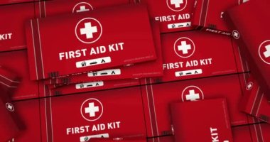 First Aid Kit and emergency box production. Medical emergency rescue help pack pack industry. Abstract background concept 3d rendering animation.
