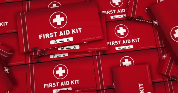 応急処置キットと緊急ボックスの生産 医療緊急救助はパック業界を支援します アブストラクト背景コンセプト3Dレンダリングアニメーション — ストック動画