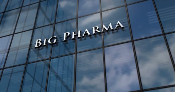 大型制药玻璃建筑的概念 正面3D动画中的制药工业和健康商业符号 — 图库视频影像