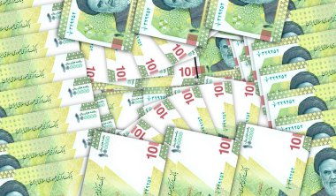 Iran Rial banknotes in a cash fan mosaic pattern. Iranian IRR 10000 notes. Abstract concept of bank, finance, economy decorative design background 3d illustration.