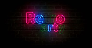 Retro party neon symbol on brick wall. Nightlife disco music nightclub  light color bulbs. Loopable and seamless abstract concept animation.