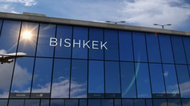 Plane landing at Bishkek, Kyrgyzstan 3D. Arrival in the city with the glass airport terminal and reflection of the jet aircraft. Travel, business, tourism and transport 3D concept.