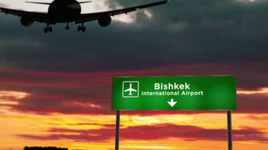 Airplane silhouette landing in Bishkek, Kyrgyzstan. City arrival with airport direction signboard and sunset in background. Travel, trip and transportation 3d concept.
