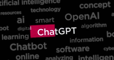 ChatGPT news titles across international web media with OpenAI, chat gpt and artificial intelligence bot search. Abstract concept of internet headline information on dynamic displays animation.