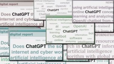 ChatGPT pop up windows with OpenAI, chat gpt and artificial intelligence bot on computer screen. Abstract concept of news titles across media. Seamless and looped display animation.