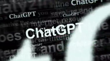 ChatGPT headline news across international media with OpenAI, chat gpt ai bot. Abstract concept of titles on noise displays loop. TV glitch effect seamless looped.