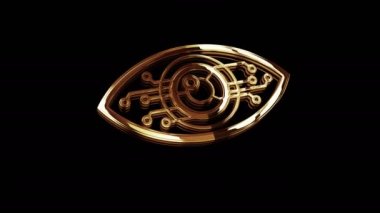 Cyber eye espionage big brother hacking spy and intelligence golden metal shine symbol concept. Spectacular glowing and reflection light icon abstract 3d animation. Isolated object.