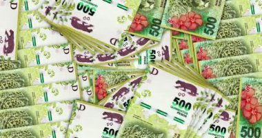 Argentina Peso banknotes in a cash fan mosaic pattern loop. Argentinean 500 ARS notes. Abstract concept of bank, finance, economy seamless and looped decorative design background.