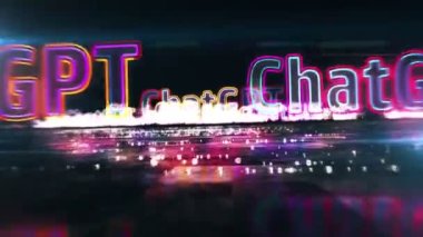 ChatGPT neon sign concept, open ai chat gpt bot and artificial intelligence technology. Flight between text. Futuristic space abstract 3d rendering animation.