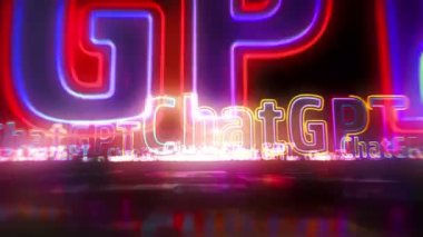 ChatGPT neon sign concept, open ai chat gpt bot and artificial intelligence technology. Loop flight between signs. Futuristic space abstract 3d rendering loopable seamless.