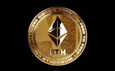 Ethereum ETH cryptocurrency isolated gold coin on green screen background. Abstract concept 3d illustration.