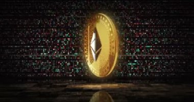 Ethereum ETH şifreleme altın sikkesi dijital ekran döngüsü arka planında. Dönen altın metal döngüsü soyut kavram. 3B döngü kusursuz canlandırma.