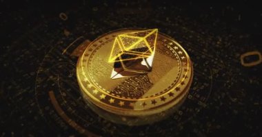 Ethereum ETH kripto para birimi altın para dönüyor. Kamera 3 boyutlu metal parlaklıklar etrafında döner. Fintech, çevrimiçi ödeme ve dijital işlem soyut kavramı.