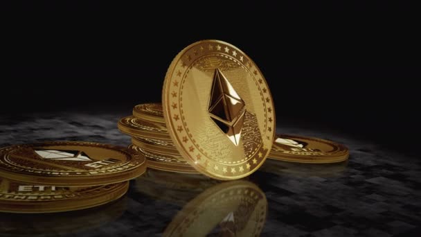 Ethereum Eth Cryptocurrency Golden Coin Turning Camera Rotates Metal Glow — Αρχείο Βίντεο