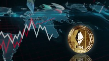Ethereum ETH şifreleme altın sikkesi haritayı çeviriyor. Artan ve azalan çizgilerle fiyat grafiği. Çevrimiçi ödeme ve işlem 3D soyut kavram. Döngüsüz ve pürüzsüz.