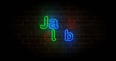 Duvarda Caz Kulübü 'nün neon sembolü. Gece hayatı müzik kulübü ve bar lambaları. Döngüsüz ve kusursuz soyut konsept animasyonu.