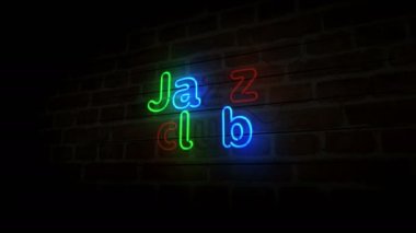 Duvarda Caz Kulübü 'nün neon sembolü. Gece hayatı müzik kulübü ve bar lambaları. Soyut konsept animasyonu.