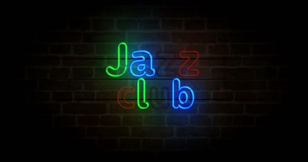 Jazz Club Símbolo Neón Pared Ladrillo Discoteca Música Nocturna Bombillas — Vídeo de stock