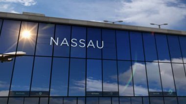 Plane landing at Nassau, Bahamas 3D. Arrival in the city with the glass airport terminal and reflection of the jet aircraft. Travel, business, tourism and transport 3D concept.