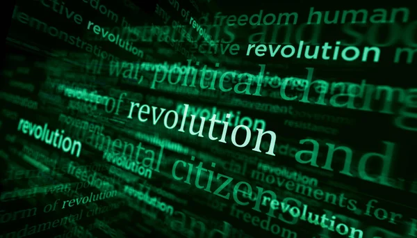 Revolution fight for freedom and justice headline news across international media. Abstract concept of news titles on noise displays. TV glitch effect 3d illustration.
