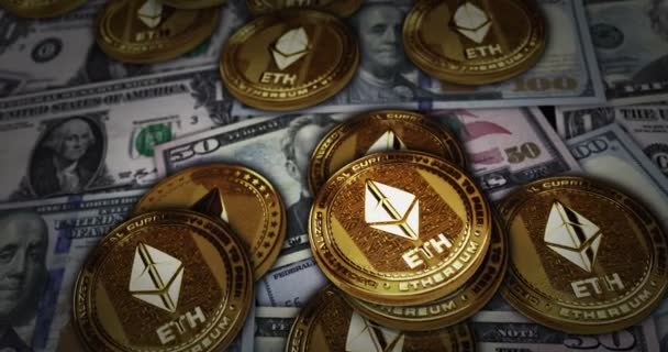 Ethereum Eth Cryptocurrency Golden Coin Dollar Banknotes Crypto Currency Note — 비디오