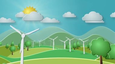 Wind energy and eco renewable power production cartoon paper art style seamless and loopable 3d animation