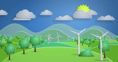 Rüzgar enerjisi ve eko yenilenebilir enerji üretimi karikatür karikatür kağıt stili pürüzsüz ve çevrilebilir 3D animasyon